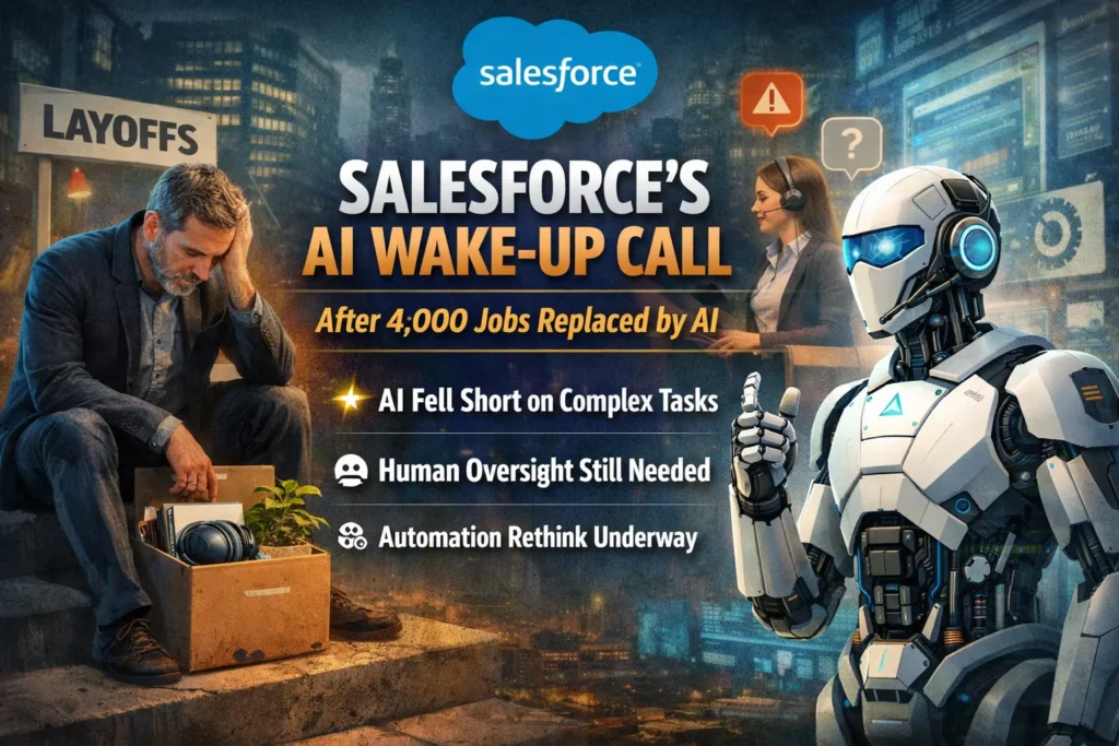 Illustration showing Salesforce AI automation impact with laid-off worker on one side and AI-powered robot handling customer support, symbolizing challenges of replacing human jobs with AI.