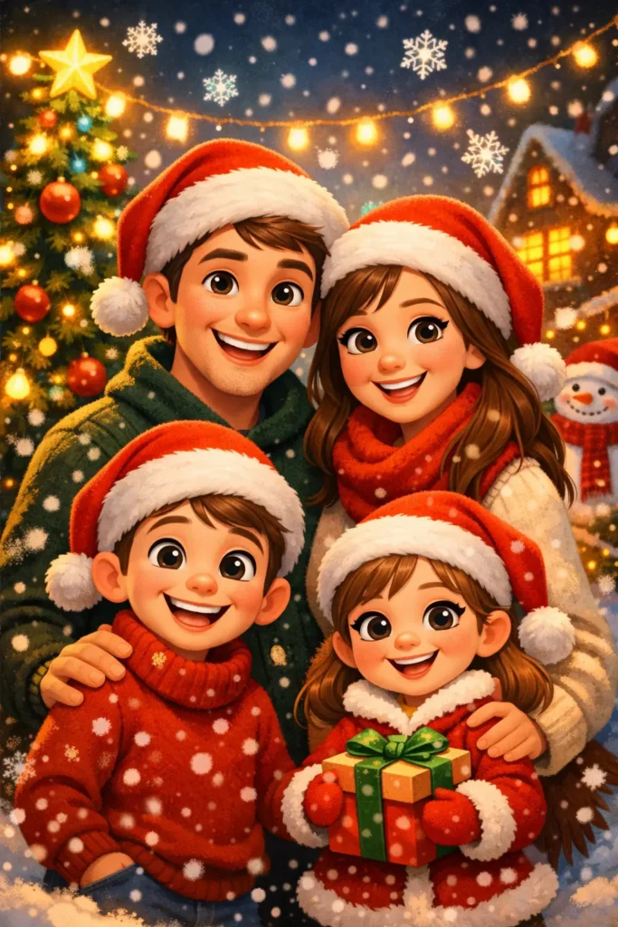 AI generated Christmas cartoon illustration of a happy family wearing Santa hats in a festive winter scene