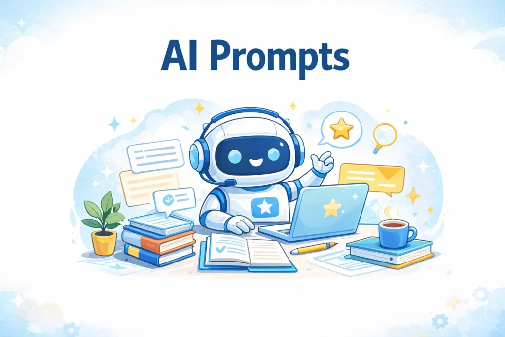 AI prompts explained with a friendly robot illustration for beginners