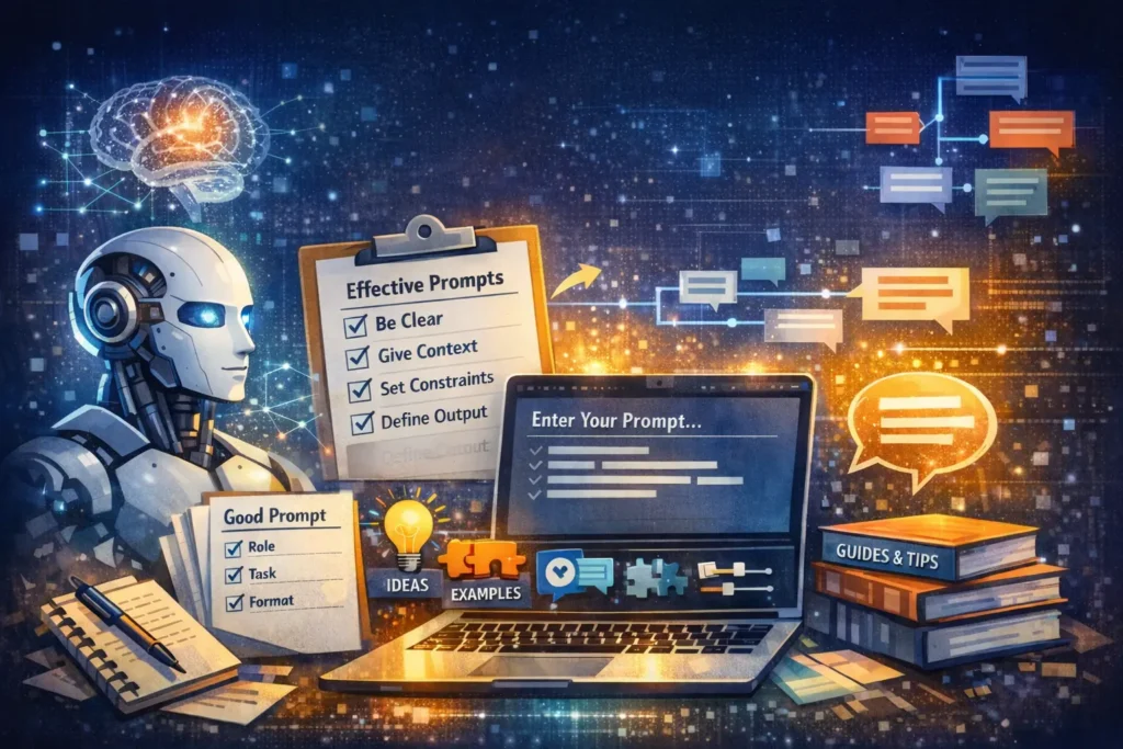 Illustration showing effective AI prompt writing with a robot, laptop, and checklist highlighting clarity, context, constraints, and output definition